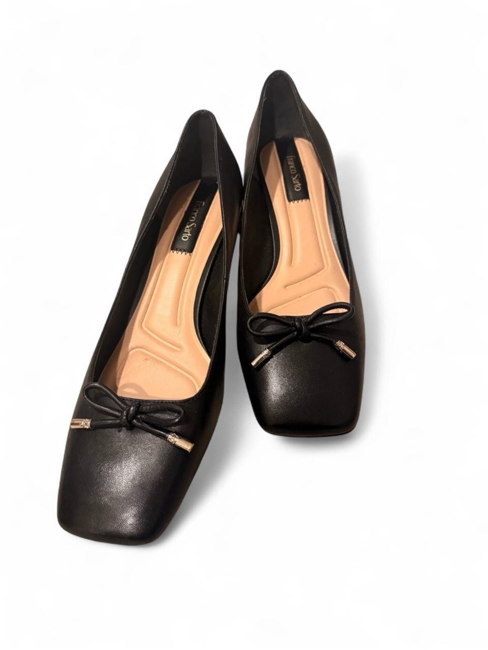 Franco Sarto Black Leather Square-Toe Bow Ballet Flats